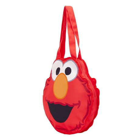 Officially licensed Sesame Street Elmo face shaped large red tote bag made of soft canvas fabric with large embroidered eyes and a wide smiling mouth