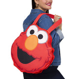 Officially licensed Sesame Street Elmo face shaped large red tote bag made of soft canvas fabric with large embroidered eyes and a wide smiling mouth