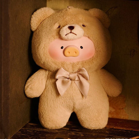 Lulu the Piggy Vintage Blind Box series plush keychains. Soft and Flurry pig dolls in beige color bear costumes with bows. Collectible novelty keychain toys.