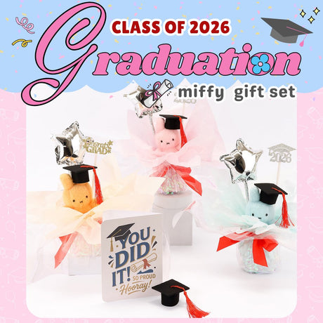 An officially licensed Class of 2026 Miffy graduation gift set featuring soft pink, orange, and blue color Miffy plush wearing black graduation caps. The characters are arranged like a bouquet with silver star balloons and "Congrats Grad" decorations.