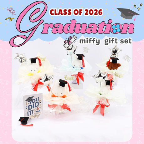 An officially licensed Class of 2026 Miffy graduation gift set featuring yellow, orange, green, and blue color Miffy plush and Boris plush wearing black graduation caps. The characters are arranged like a bouquet with silver star balloons and "Congrats Grad" decorations.