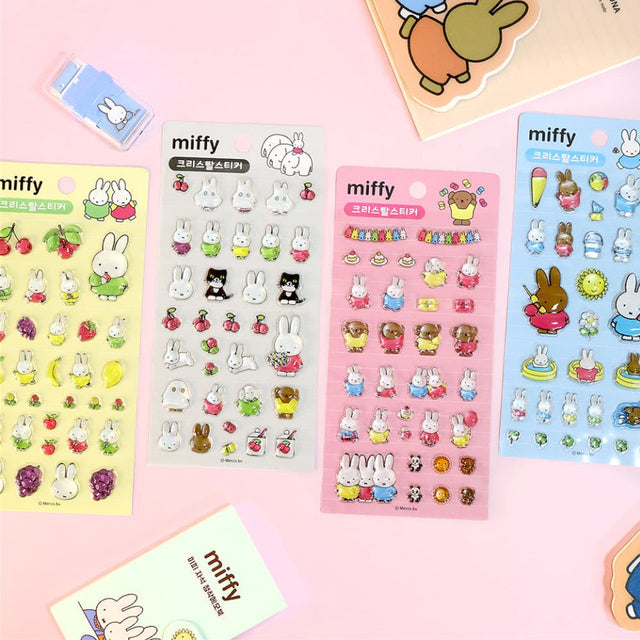 Four colorful sheets of officially licensed Miffy crystal stickers in yellow, white, pink, and blue. The 3D-raised glossy stickers feature Miffy, her friends, animals, and cute icons.