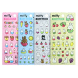 Four colorful sheets of officially licensed Miffy crystal stickers in yellow, white, pink, and blue. The 3D-raised glossy stickers feature Miffy, her friends, animals, and cute icons.