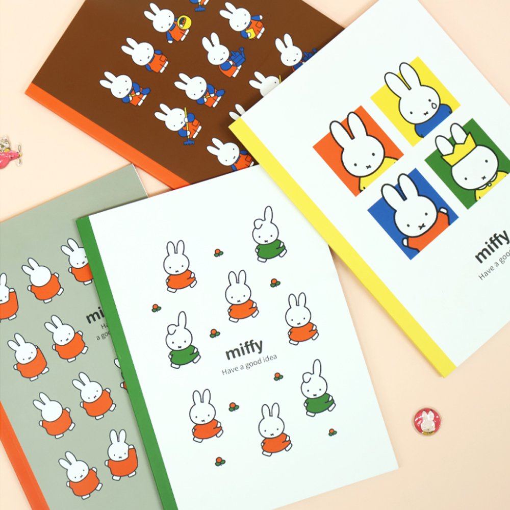 An officially licensed collection of colorful Miffy lined notebooks featuring illustrated covers and a close-up of lined inner pages with a small Miffy illustration printed at the bottom corner.