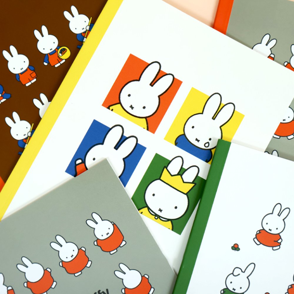 An officially licensed collection of colorful Miffy lined notebooks featuring illustrated covers and a close-up of lined inner pages with a small Miffy illustration printed at the bottom corner.