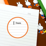 An officially licensed collection of colorful Miffy lined notebooks featuring illustrated covers and a close-up of lined inner pages with a small Miffy illustration printed at the bottom corner.
