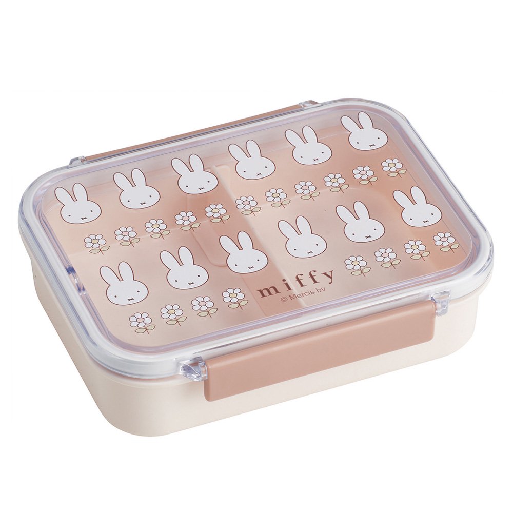An officially licensed Miffy bento lunch box including a divider with a cream-colored base and dusty rose locking clips