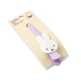 Officially licensed Miffy salon-style big hair clips, featuring one in pastel purple with a white Miffy bunny charm, and the other one in pastel yellow with a brown Boris Bear charm.