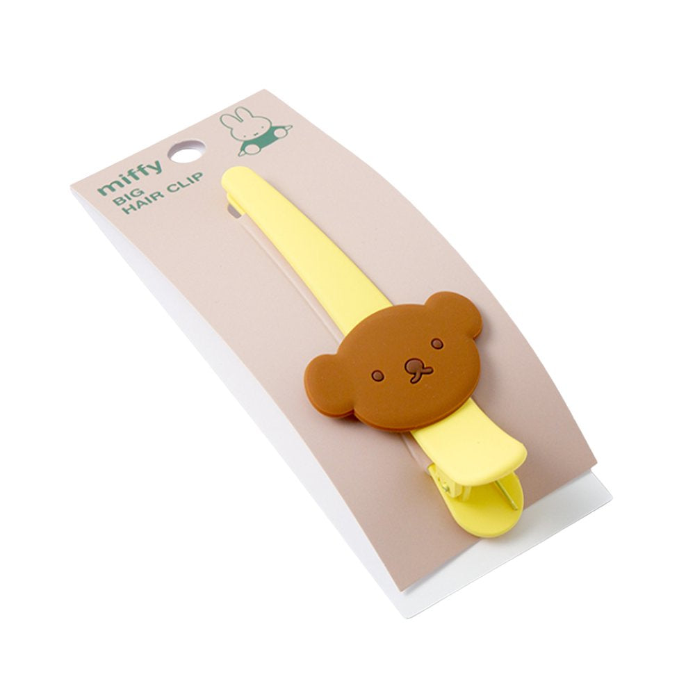 Officially licensed Miffy salon-style big hair clips, featuring one in pastel purple with a white Miffy bunny charm, and the other one in pastel yellow with a brown Boris Bear charm.