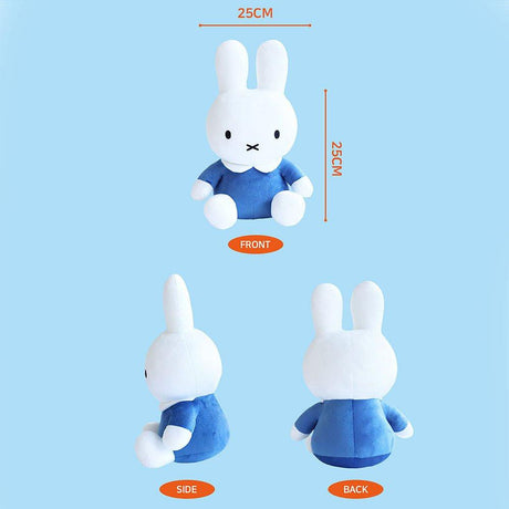 Miffy Plush toy rabbit in a blue outfit with measurements on a light blue background