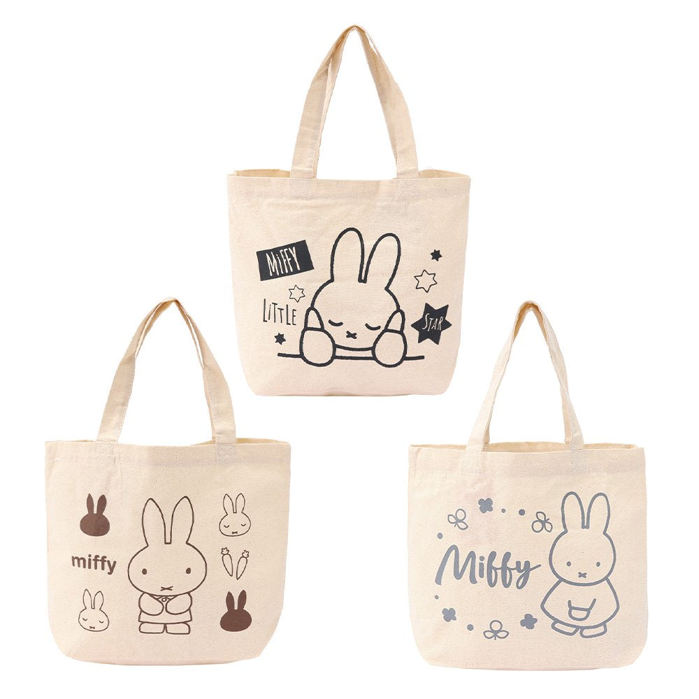 Three officially licensed Miffy canvas tote bags in a cream color. The top bag features a sleeping Miffy with stars and "Little Star" text. The bottom left bag shows various Miffy poses and carrots in brown ink. The bottom right bag features Miffy surrounded by flowers with the name "Miffy" in a grey script font.