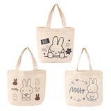 Three officially licensed Miffy canvas tote bags in a cream color. The top bag features a sleeping Miffy with stars and "Little Star" text. The bottom left bag shows various Miffy poses and carrots in brown ink. The bottom right bag features Miffy surrounded by flowers with the name "Miffy" in a grey script font.