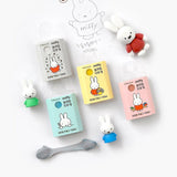 Officially licensed Miffy kneadable slime erasers in pastel-colored boxes, shown with small molded Miffy figures and stretched eraser material.