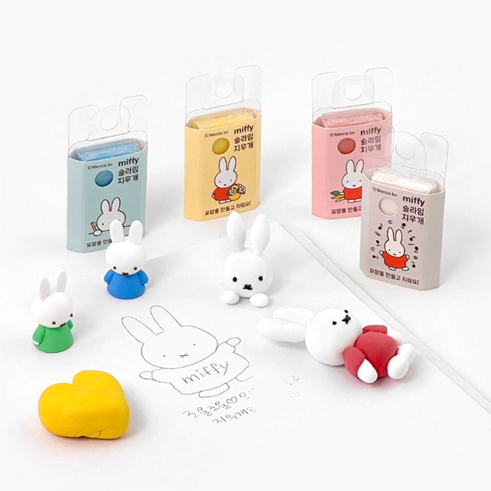 Officially licensed Miffy kneadable slime erasers in pastel-colored boxes, shown with small molded Miffy figures and stretched eraser material.