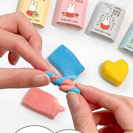 Officially licensed Miffy kneadable slime erasers in pastel-colored boxes, shown with small molded Miffy figures and stretched eraser material.