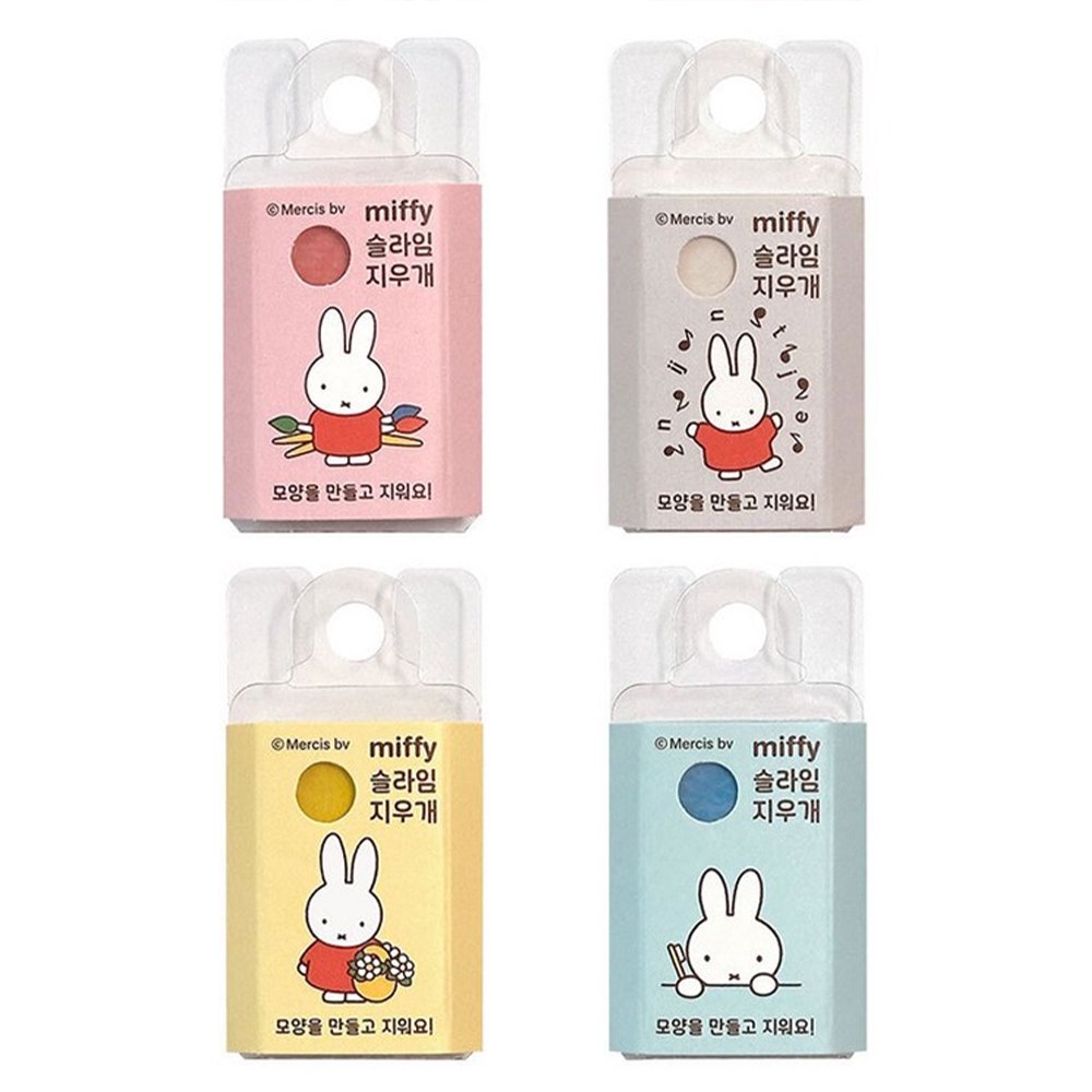 Officially licensed Miffy kneadable slime erasers in pastel-colored boxes, shown with small molded Miffy figures and stretched eraser material.