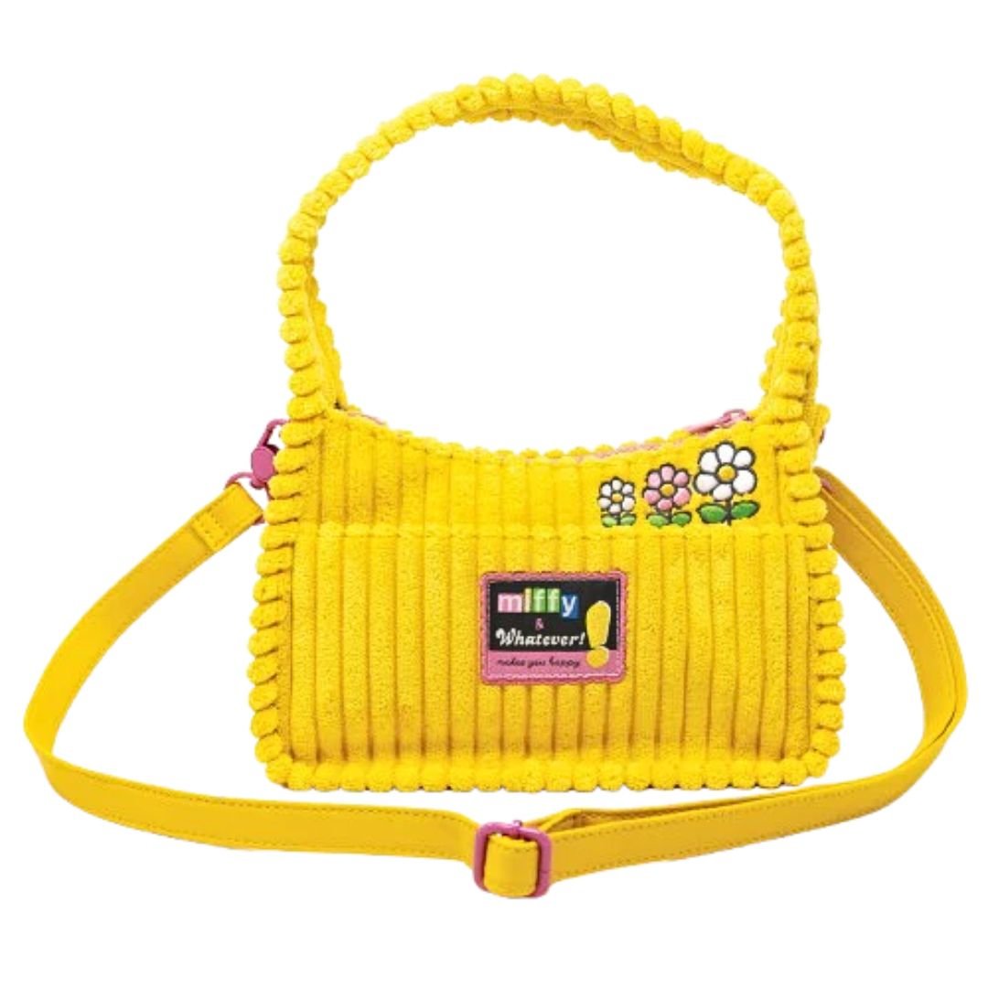 Yellow Corduroy Miffy Handbag / Shoulder Bag with handle. Features Miffy and floral embroidery, a "miffy & Whatever!" patch, and a detachable brown bear charm. Officially licensed collectible Miffy merchandise.