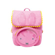 Officially licensed Miffy backpack in pink corduroy. The front features Miffy's face on a round clear window pocket, and the flap is shaped like bunny ears with yellow trim. 