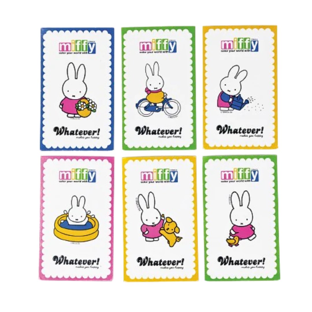 Set of six miffy stickers featuring the character Miffy with colorful backgrounds and 'Whatever!' text.
