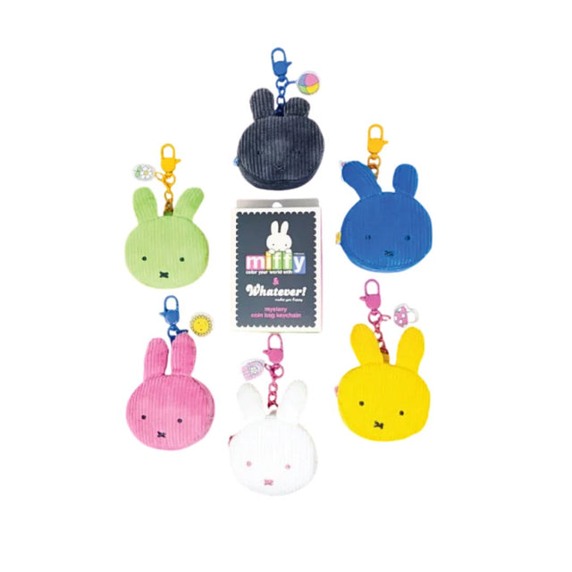 Set of colorful miffy face corduroy keychains with a central blind box labeled 'miffy & Whatever!' on a white background.