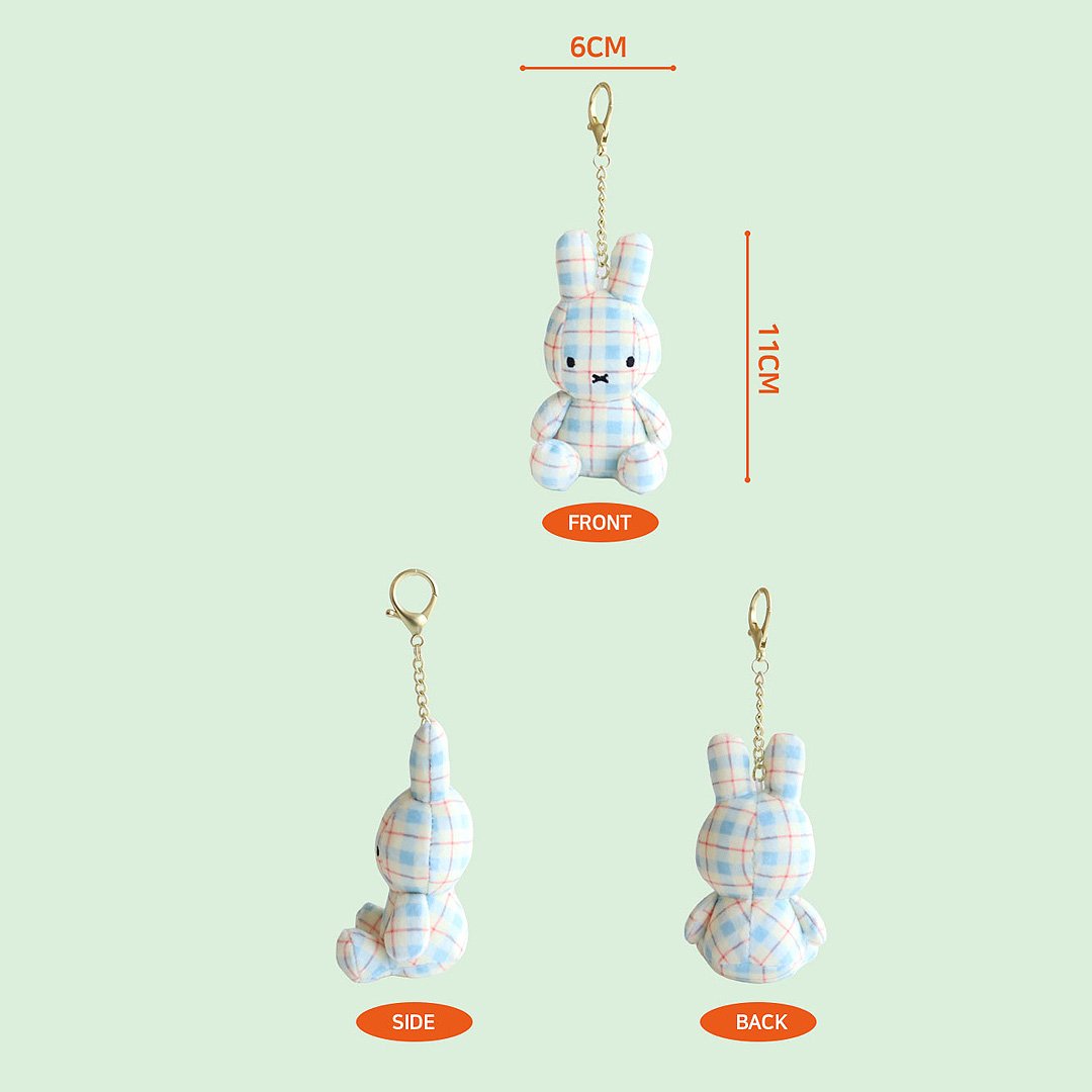 Plaid miffy keychain shown from front, side, and back with measurements on a light green background.