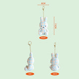 Plaid miffy keychain shown from front, side, and back with measurements on a light green background.