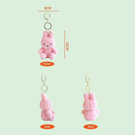 Official Miffy Creamy Mascot 12cm Plush Keychains in pastel pink soft colors. These fluffy-textured mini miffy doll feature a durable clip, making them perfect aesthetic bag accessories for adult collectors. An ideal nostalgic gift that provides visual rest and minimalist zen for daily use.