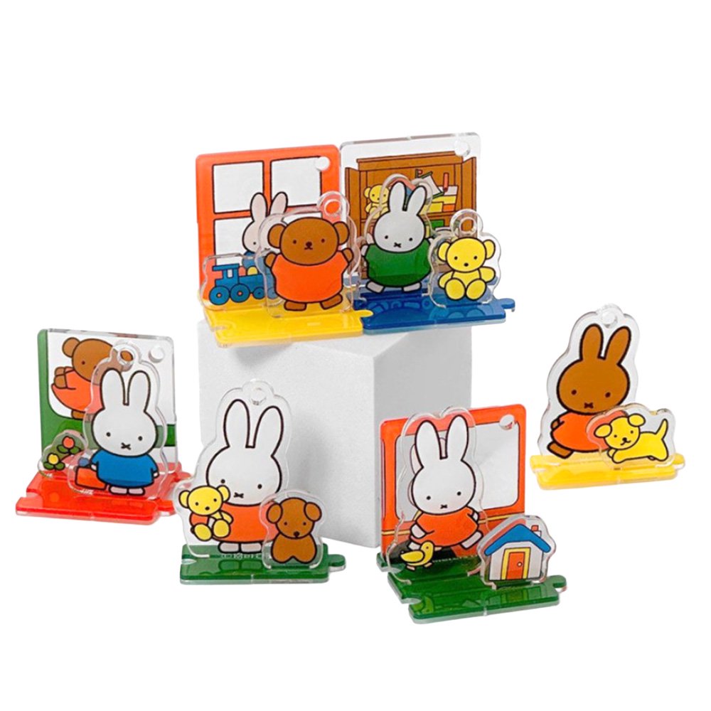 Officially licensed Miffy and Friends acrylic diorama set featuring pop-out characters like Miffy and Boris Bear, colorful scenery pieces, and silver ball chains for keychain use.
