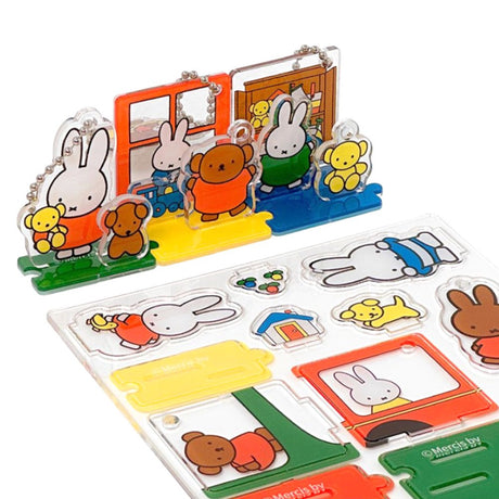 Officially licensed Miffy and Friends acrylic diorama set featuring pop-out characters like Miffy and Boris Bear, colorful scenery pieces, and silver ball chains for keychain use.
