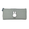 Two slim canvas pencil cases: one grey featuring an embroidered Miffy face and one tan featuring Boris Bear. Both cases have character-shaped zipper pulls.