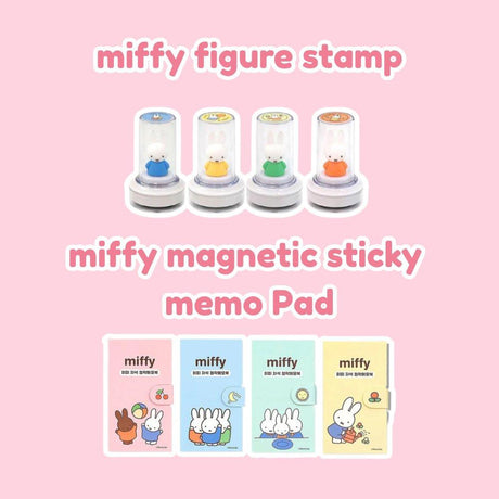 Official Miffy Valentine's Gift Set components including 4 Miffy figure stamps in colorful capsules and 4 Miffy magnetic sticky memo pads in pastel pink, blue, green, and yellow. Aesthetic Dutch-design stationery for office decor and journaling gift sets.