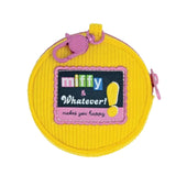 Yellow Miffy  round pouch with pink zipper and 'miffy & Whatever!' text on a white background