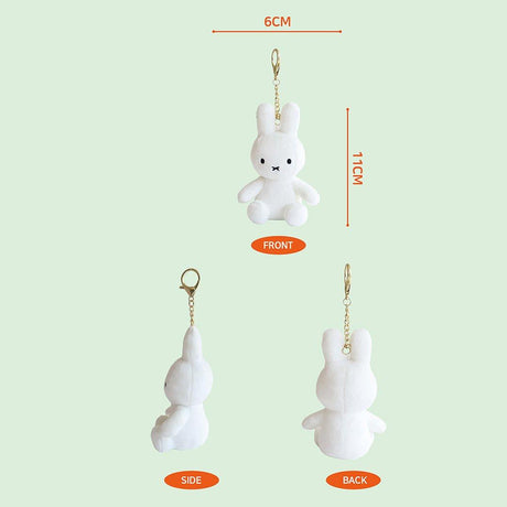 Detailed measurement guide for the Official Miffy Glow in the Dark Mascot Plush Keychain; showing 11cm height and 6cm width dimensions from front, side, and back views. This 11cm white rabbit bag charm is a perfectly sized premium gift for adult collectors, birthdays, and minimalist office-core desk decor.
