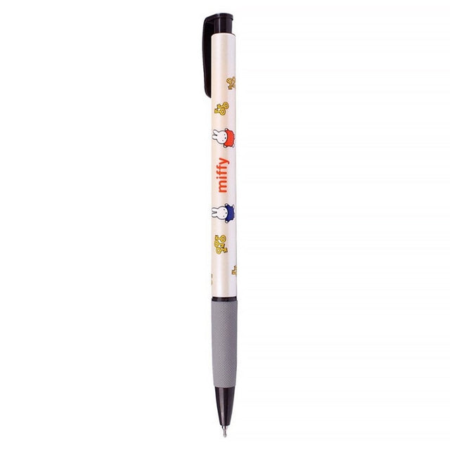 Officially licensed Miffy retractable ballpoint pen featuring a cream-colored barrel with Miffy characters and golden keys, a grey textured grip, and a black clip.