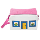 Officially licensed Miffy House-shaped cross-body bag, shown against a white background. The bag is constructed with corduroy on the top section and PU leather  on the bottom section, featuring a house design.