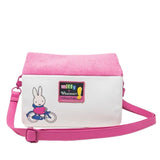 Officially licensed Miffy House-shaped cross-body bag (back view). The bottom PU leather section features a printed or debossed graphic of Miffy riding a bicycle. The top section is pink corduroy, resembling a roof.
