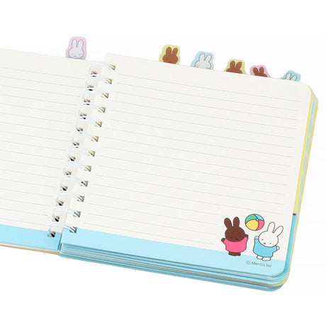 Officially licensed Miffy spiral notebooks in pink and blue, featuring die-cut character tabs of Miffy and friends along the top edge and white spiral binding.
