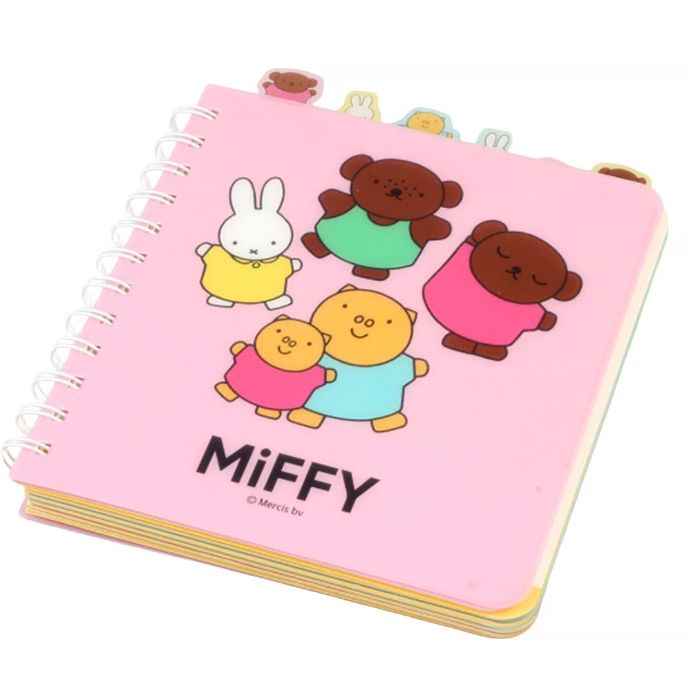 Officially licensed Miffy spiral notebooks in pink and blue, featuring die-cut character tabs of Miffy and friends along the top edge and white spiral binding.
