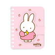 A series of officially licensed Miffy spiral notebooks in pastel pink, blue, and purple, featuring a large magnetic character buckle. The interior shows lined paper with a small Miffy graphic in the bottom corner, highlighting the notebook's functional and cute design.