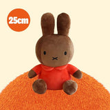 Miffy Melanie Brown plush toy with a red shirt on an orange cushion, with a '25cm' label in the corner.