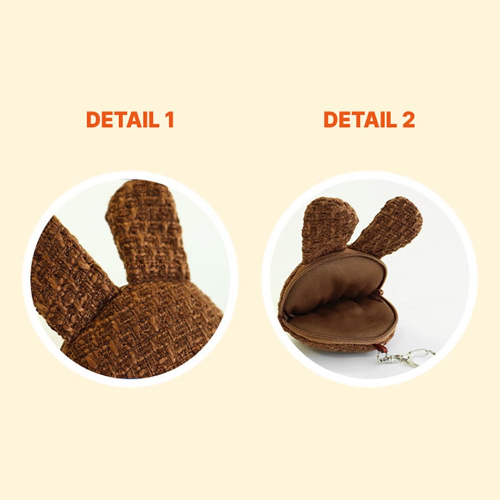 An officially licensed Miffy Melanie brown tweed pouch featuring sleeping embroidered eyes and an attached silver clip. A detailed close-up shows the woven fabric texture and opened zippered interior compartment.