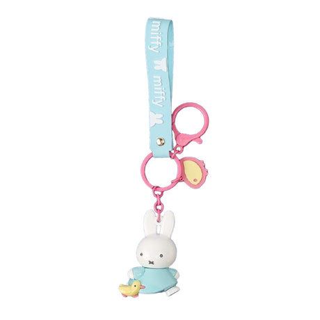 Miffy character keychain in pastel blue, featuring 3D Miffy figures with matching silicone wrist straps and lobster clasps.