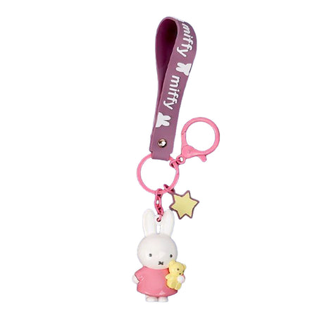 Miffy character keychain in pastel purple, featuring 3D Miffy figures with matching silicone wrist straps and lobster clasps.