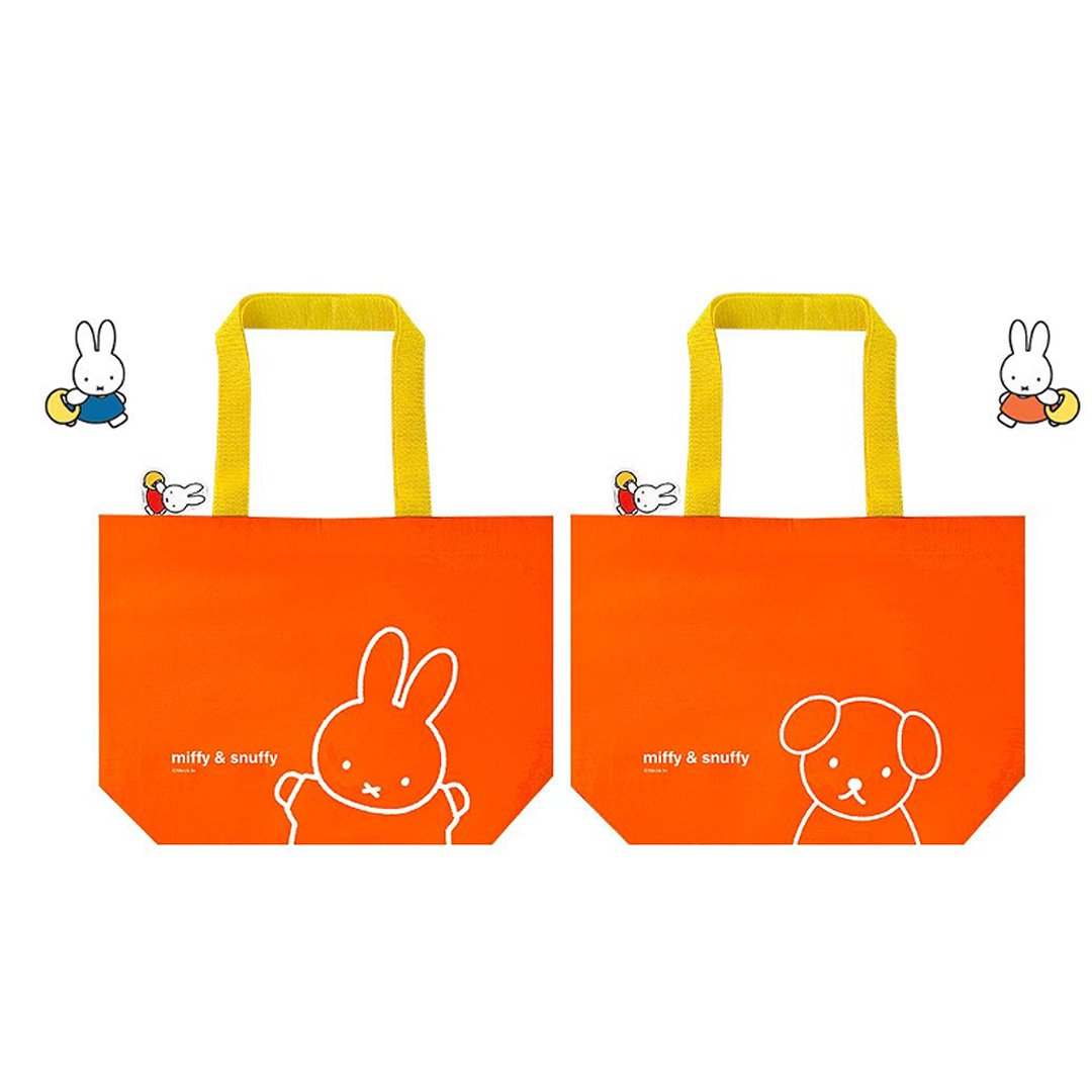 Officially licensed Miffy & Snuffy Reusable Shopping Bags Made from durable, wipeable tarpaulin material. Orange shopping back with Front Miffy and Back Snuffy's graphic.