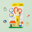 An officially licensed pair of Miffy safety scissors packaged on a colorful backing card, featuring bright orange handles and a protective yellow cap adorned with a die-cut Miffy bunny head.
