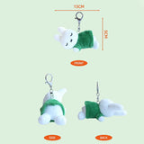 Miffy sleeping Plush keychain with measurements on a light green background