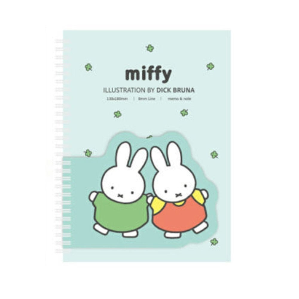 Four colorful spiral notebooks in pink, green, yellow, and orange, each featuring an officially licensed Miffy memo pad attached to the front cover.