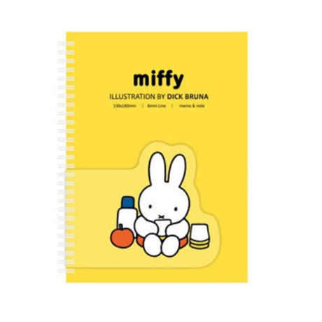Four colorful spiral notebooks in pink, green, yellow, and orange, each featuring an officially licensed Miffy memo pad attached to the front cover.