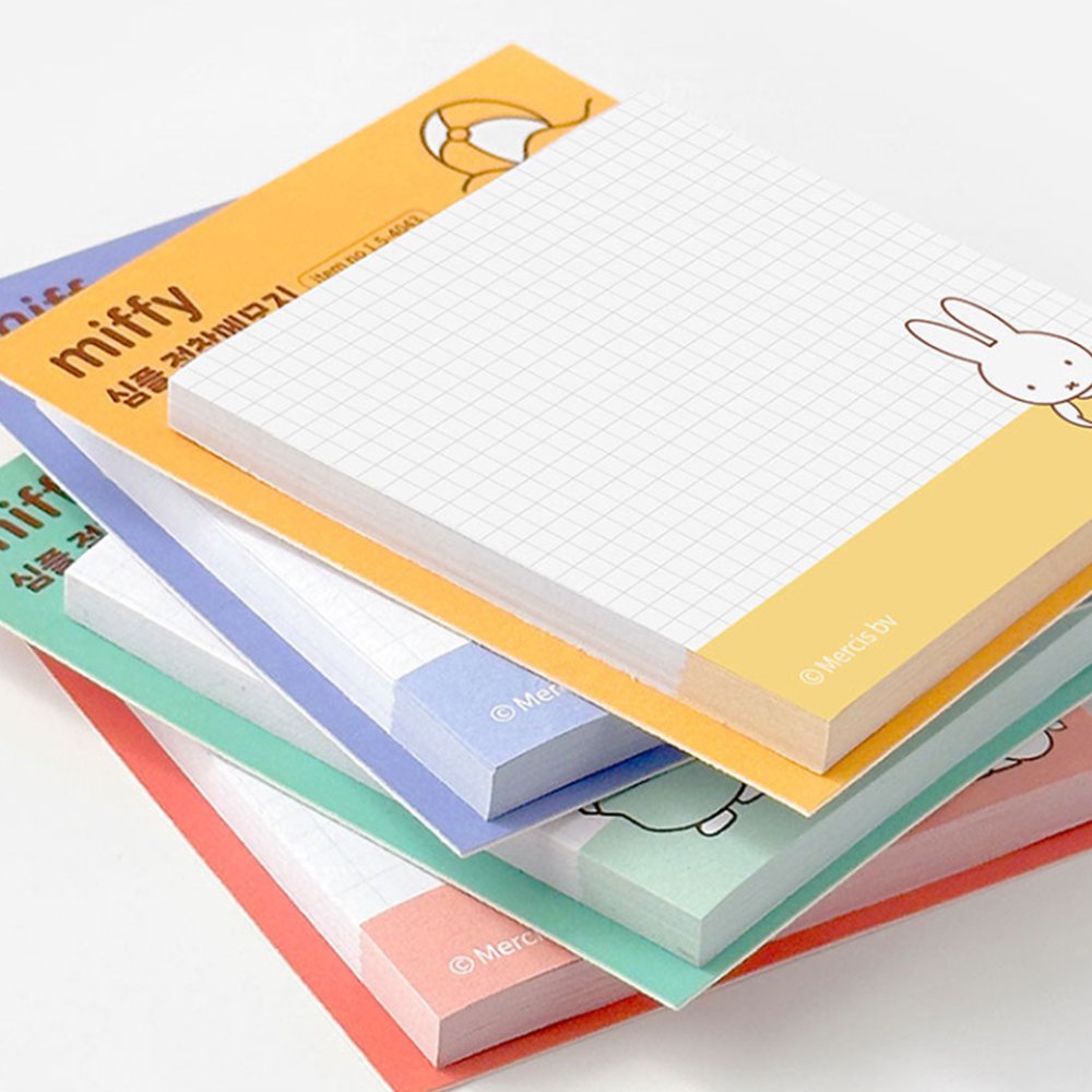 A collection of four officially licensed Miffy sticky note pads in soft shades of red, yellow, green, and blue. Each pad features a white grid writing area decorated with minimalist illustrations of Miffy, a dog, flowers, and beach balls.