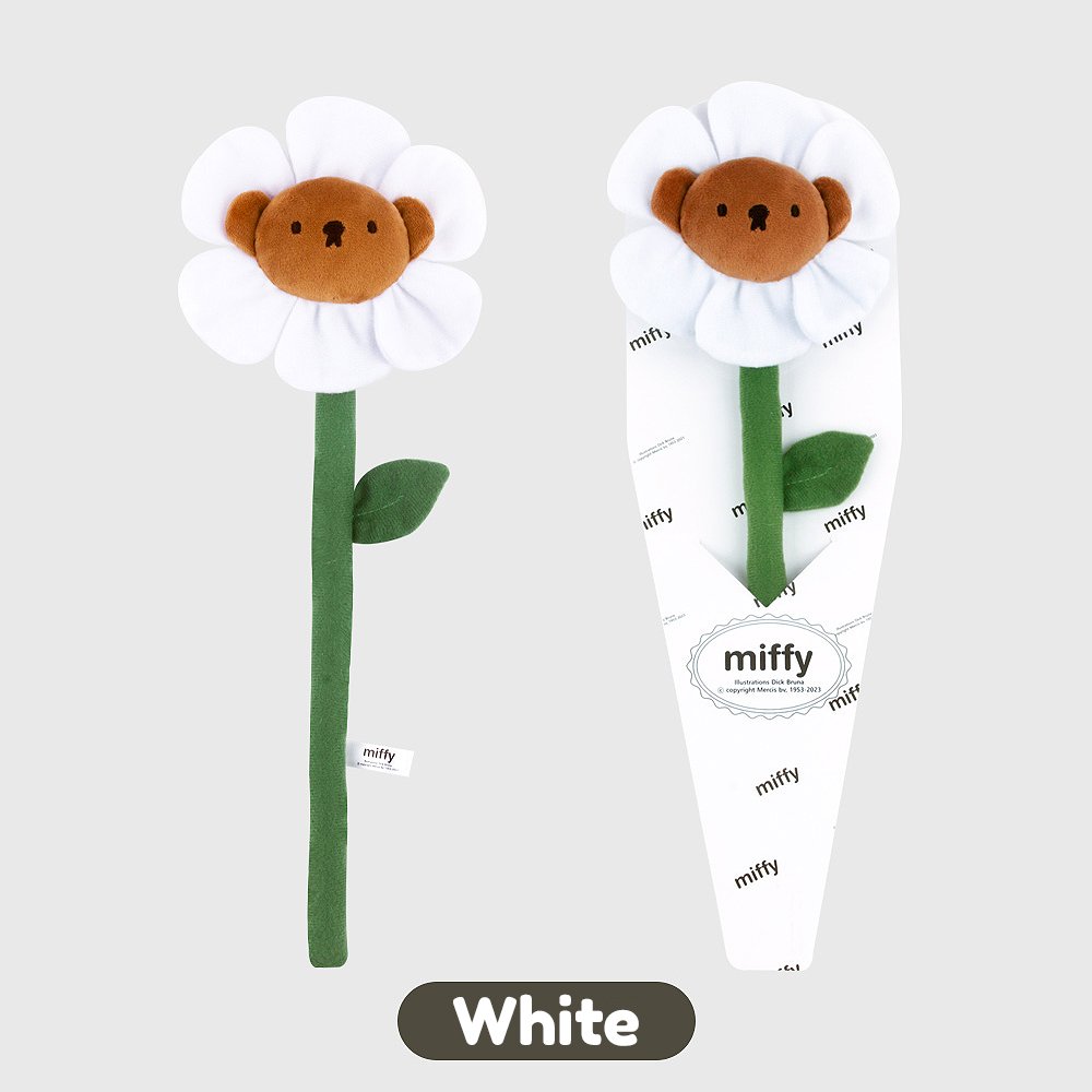 A collection of Miffy Friends Boris Flower Plush stuffed animals in various colors, each designed to look like a flower with animal faces in the center.